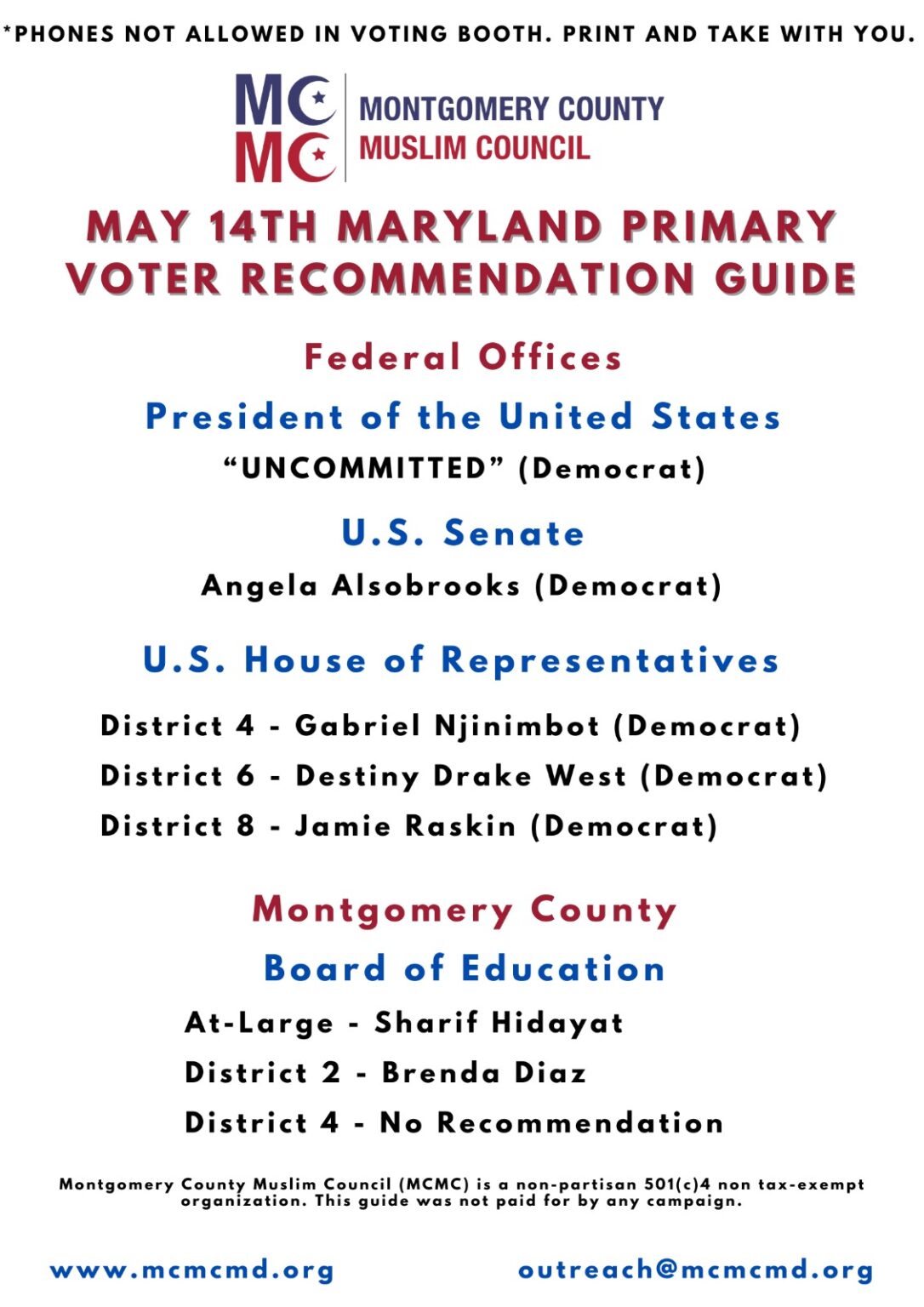 May 14th Maryland Primary Voter Recommendation Guide – Montgomery ...