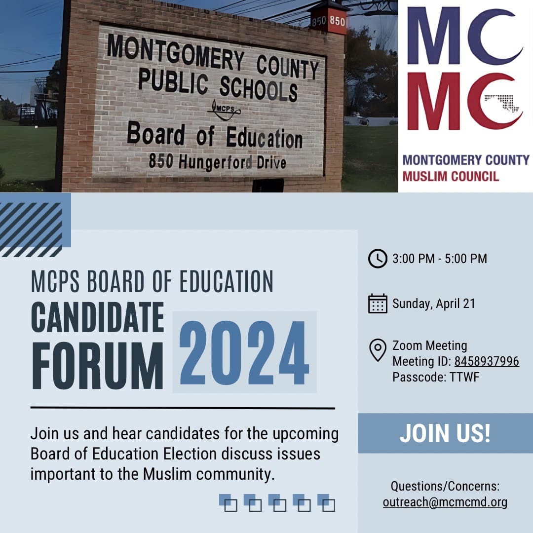 Sun, Apr 21 – 3 pm @ MoCo Board of Education Candidates Forum